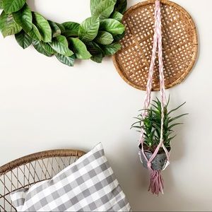 Macrame Plant Hanger Pink White Braided Rope 43”